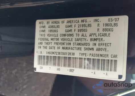 2007 Honda Accord 2.4 Lx from USA, damaged, VIN 1HGCM72367A012838